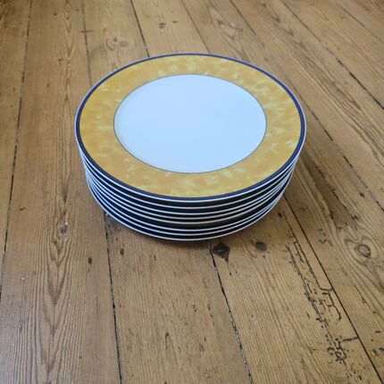 8 grandes assiettes plates vintage en porcelaine Winterling Bavaria - Marli jaune marbré