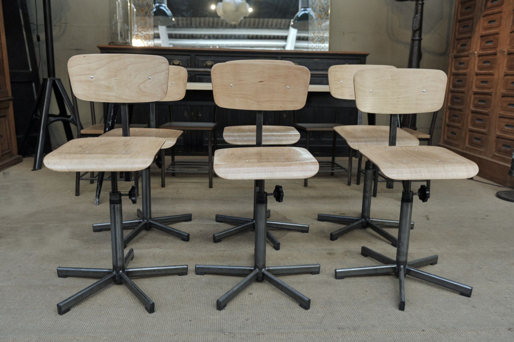 Industrial rotary and adjustable workshop chairs 1950s