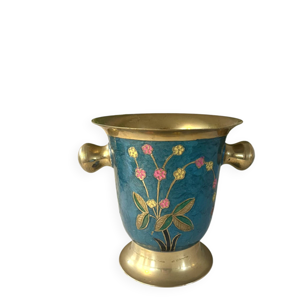 Refroidisseur en émail cloisonné, floral en laiton, vintage français, bleu, champagne.