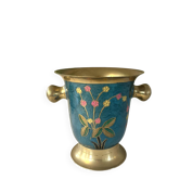 Refroidisseur en émail cloisonné, floral en laiton, vintage français, bleu, champagne.