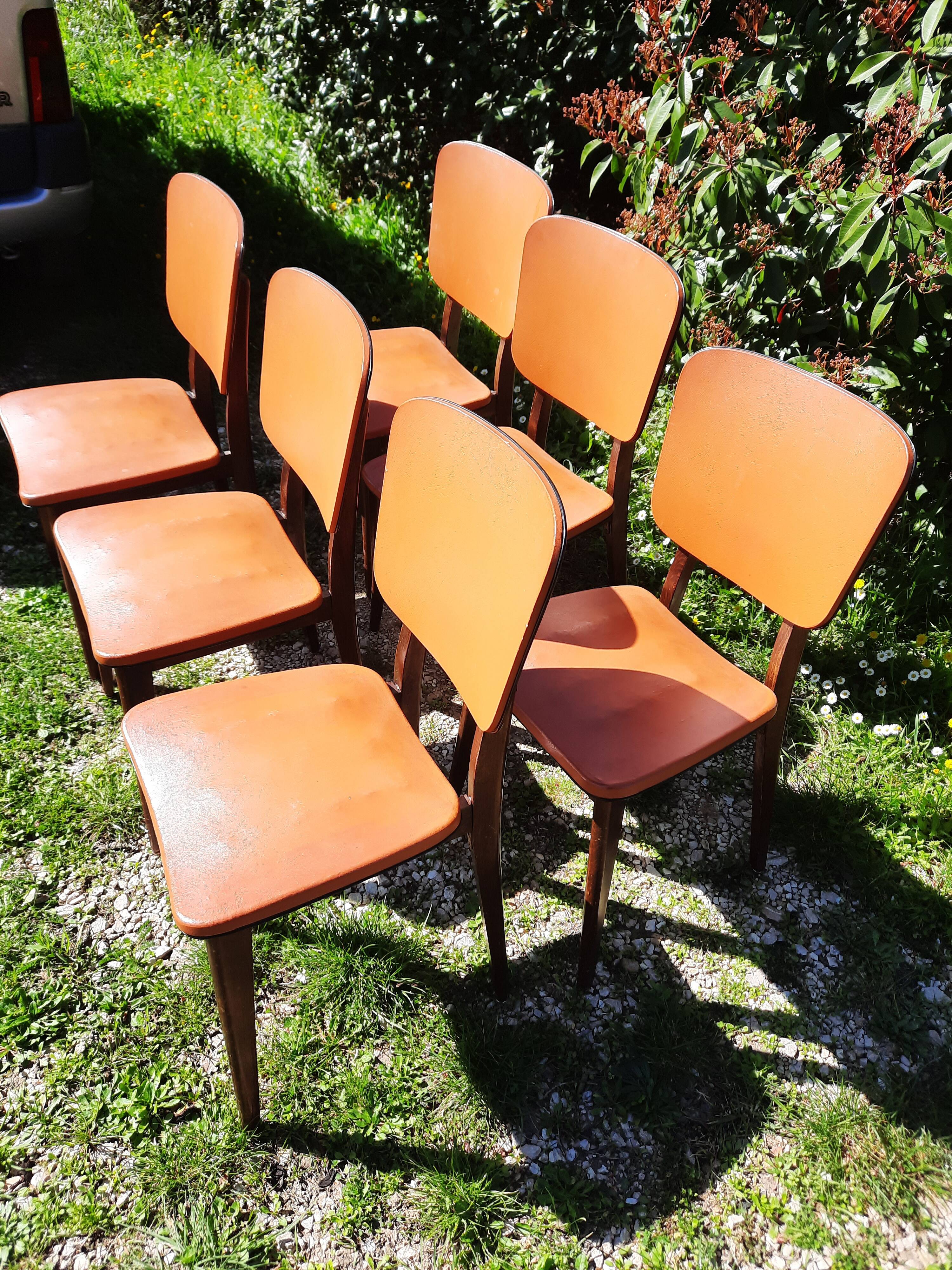 Set of 6 orange skai and wood chairs from the 60s