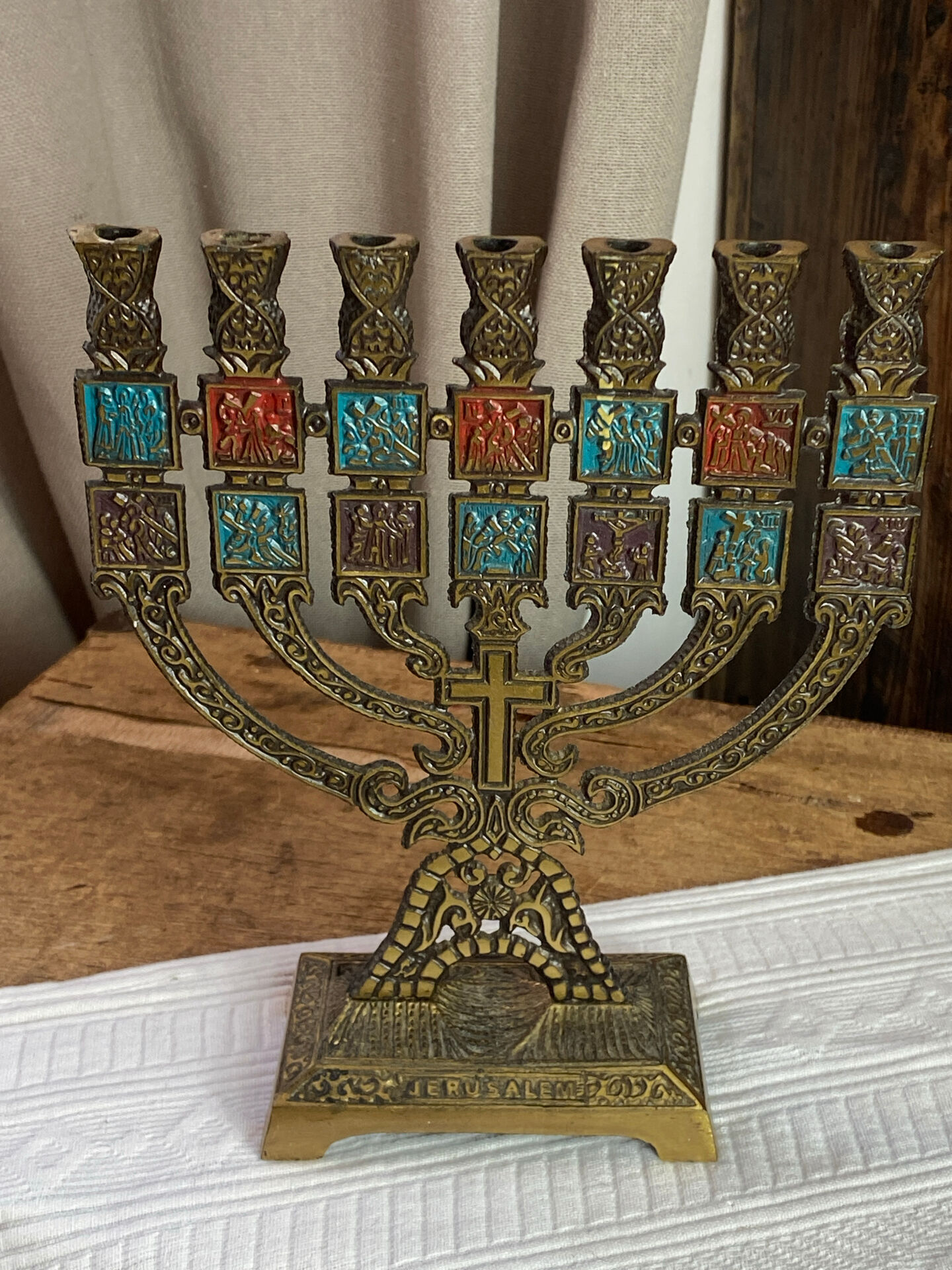 Seven-branched candelabrum, Judeo-Christian, brass and enamel