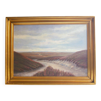 Grande peinture à l'huile danoise de Marius Topkjær-Olesen (1877-1939) - avec décor d'une route sablonneuse sur une lande.