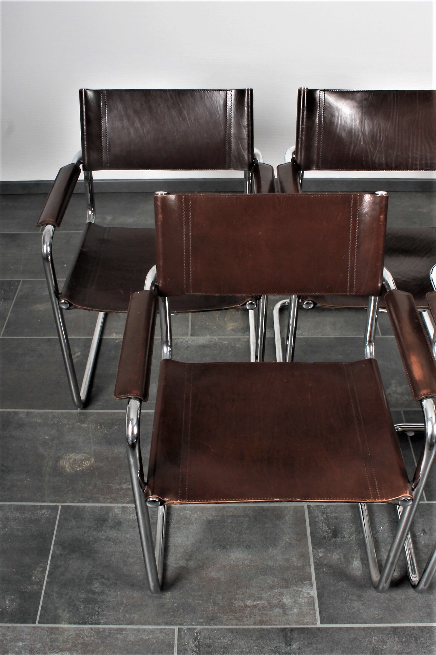 Set of 5 Cantilever MG5 chairs by Matteo Grassi in brown leather