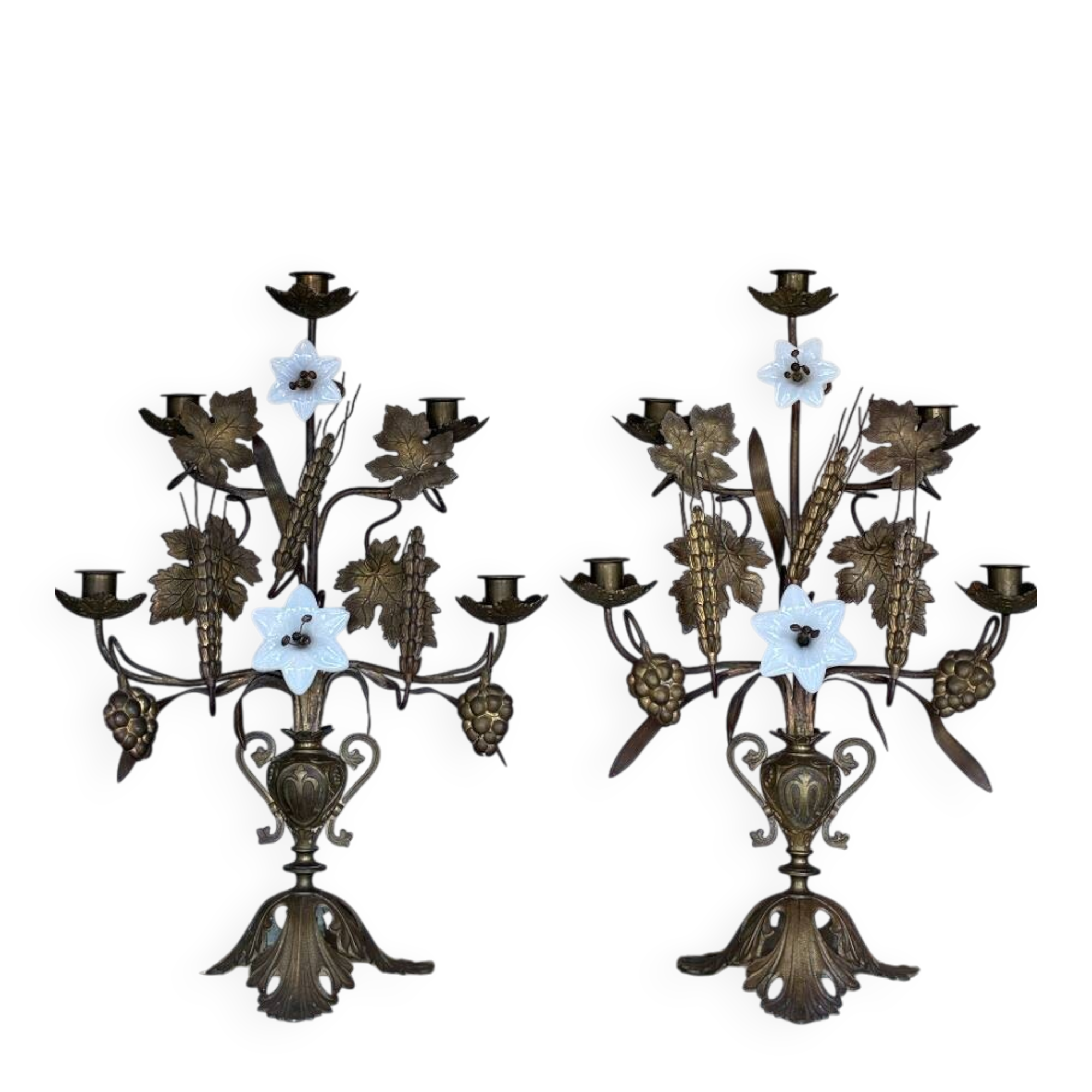 Pair of French Brass Candelabras with Opaline Glass Flowers and Grape Motif