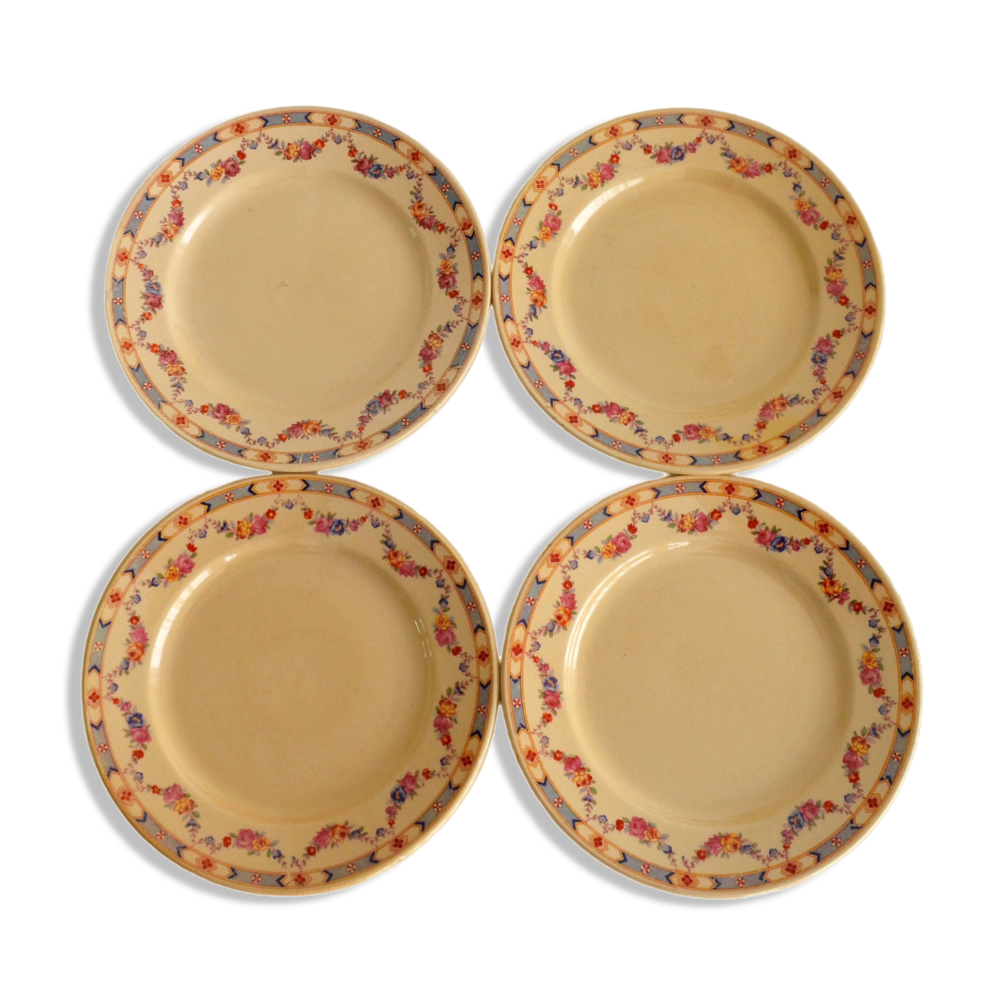 4 old flowered iron earth dessert plates