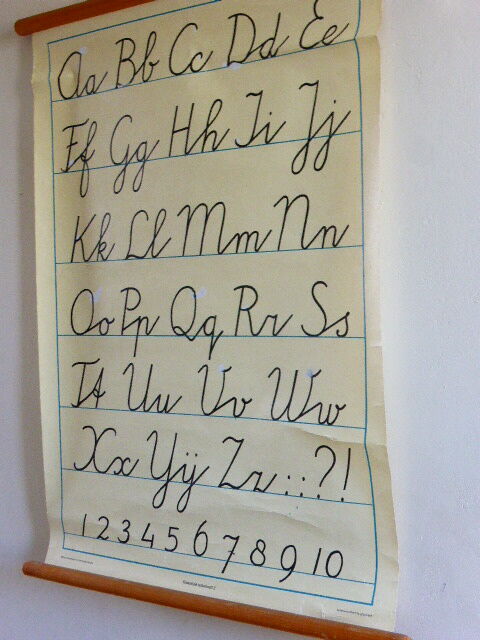 School and pedagogic poster, calligraphy, alphabet, writing method, classic letter 2, on linen, vintage 1960