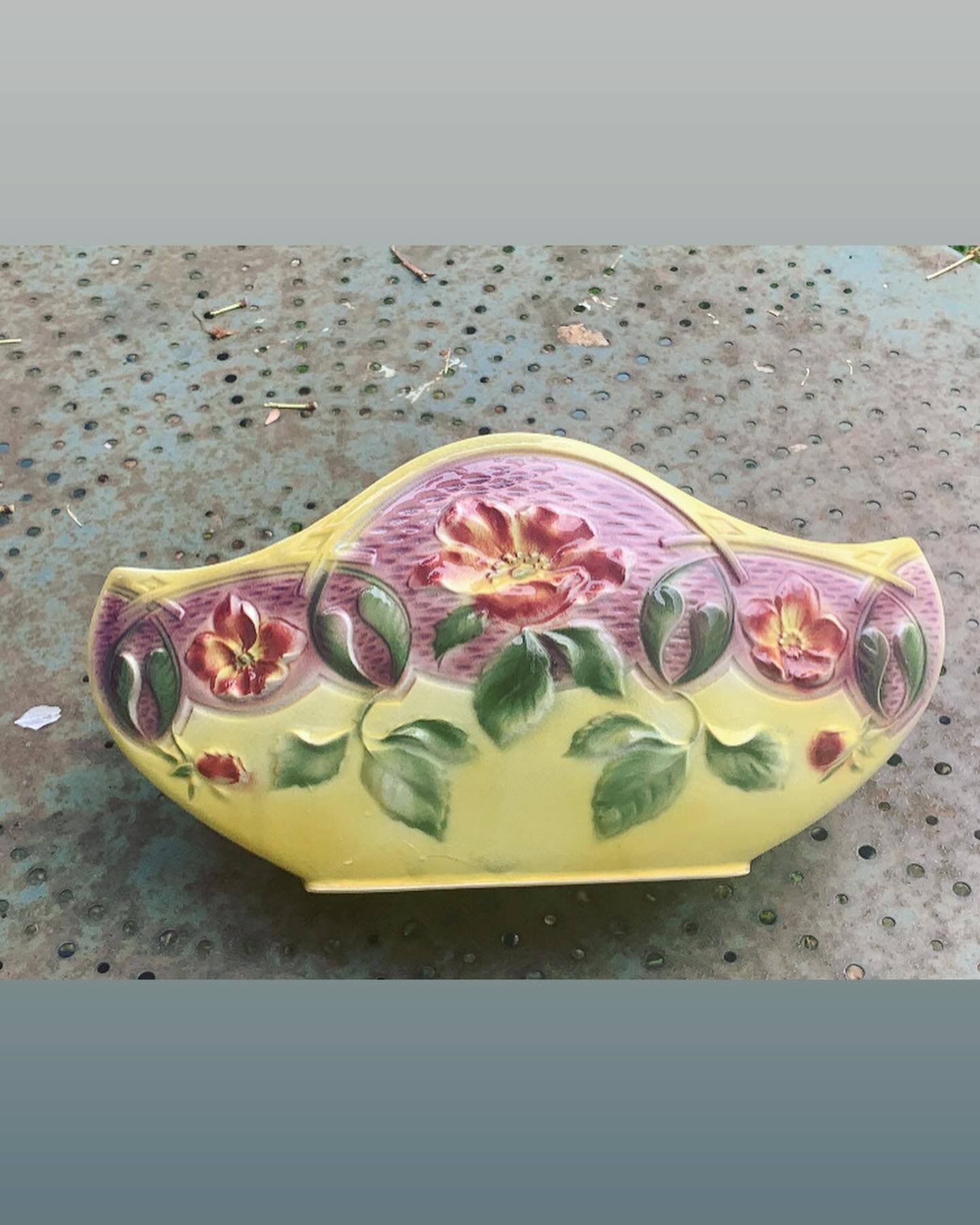 Yellow glazed ceramic slip planter, hawthorn pink flower pattern, art deco