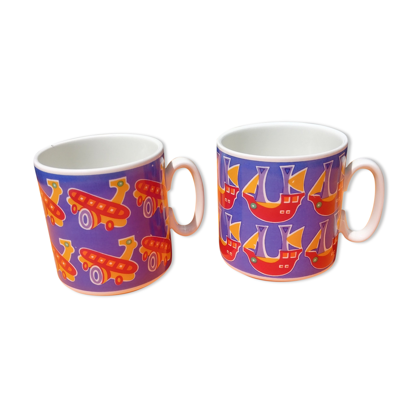 Two mugs/cup in porcelain from Villeroy and Boch decoration boat / plane made in Luxembourg