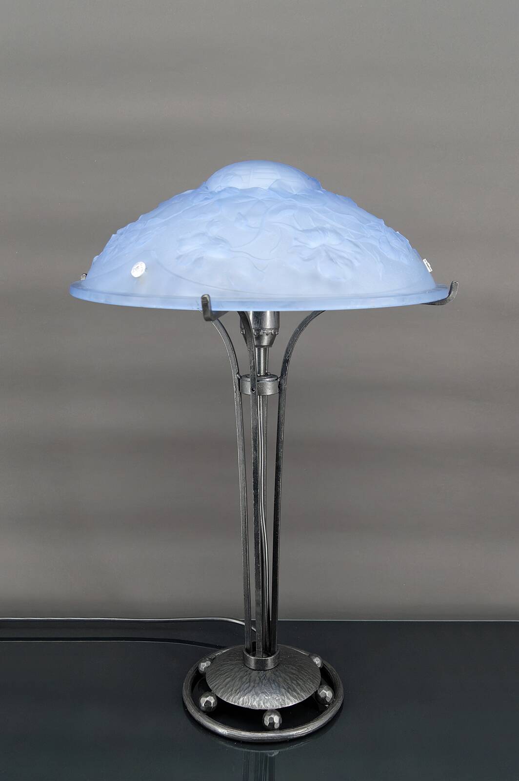 Wrought iron lamp and blue glass lampshade with clematis, France, Art Deco, circa 1920