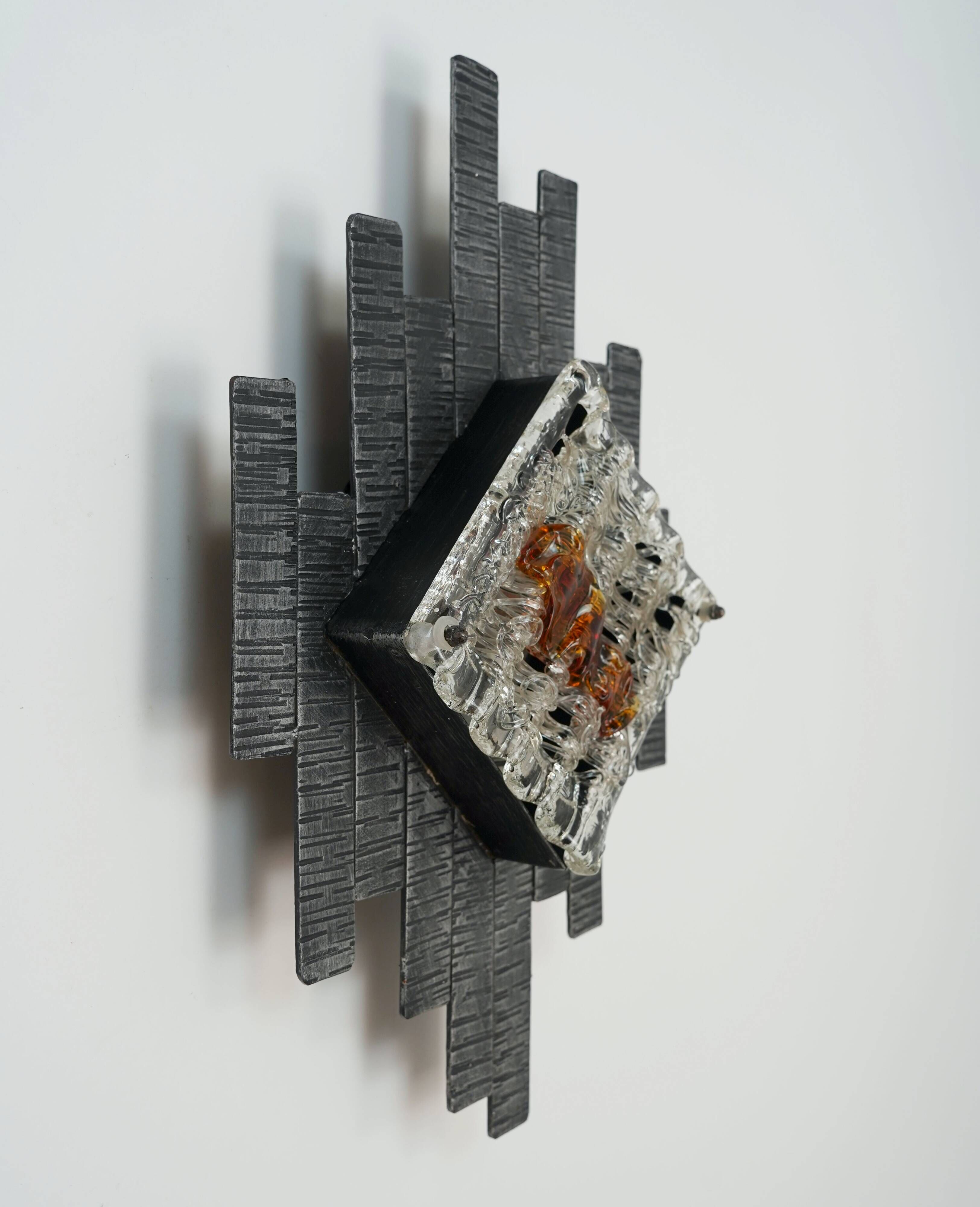mid century brutalist style wrought iron and glass WALL LAMP sconce 060/70s