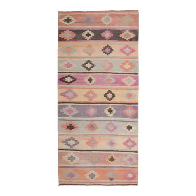 Vintage Turkish Oushak Handmade Wool Cotton Green Kilim Runner Rug 129x297