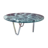 Round coffee table in green marble and chrome / vintage base 60s-70s