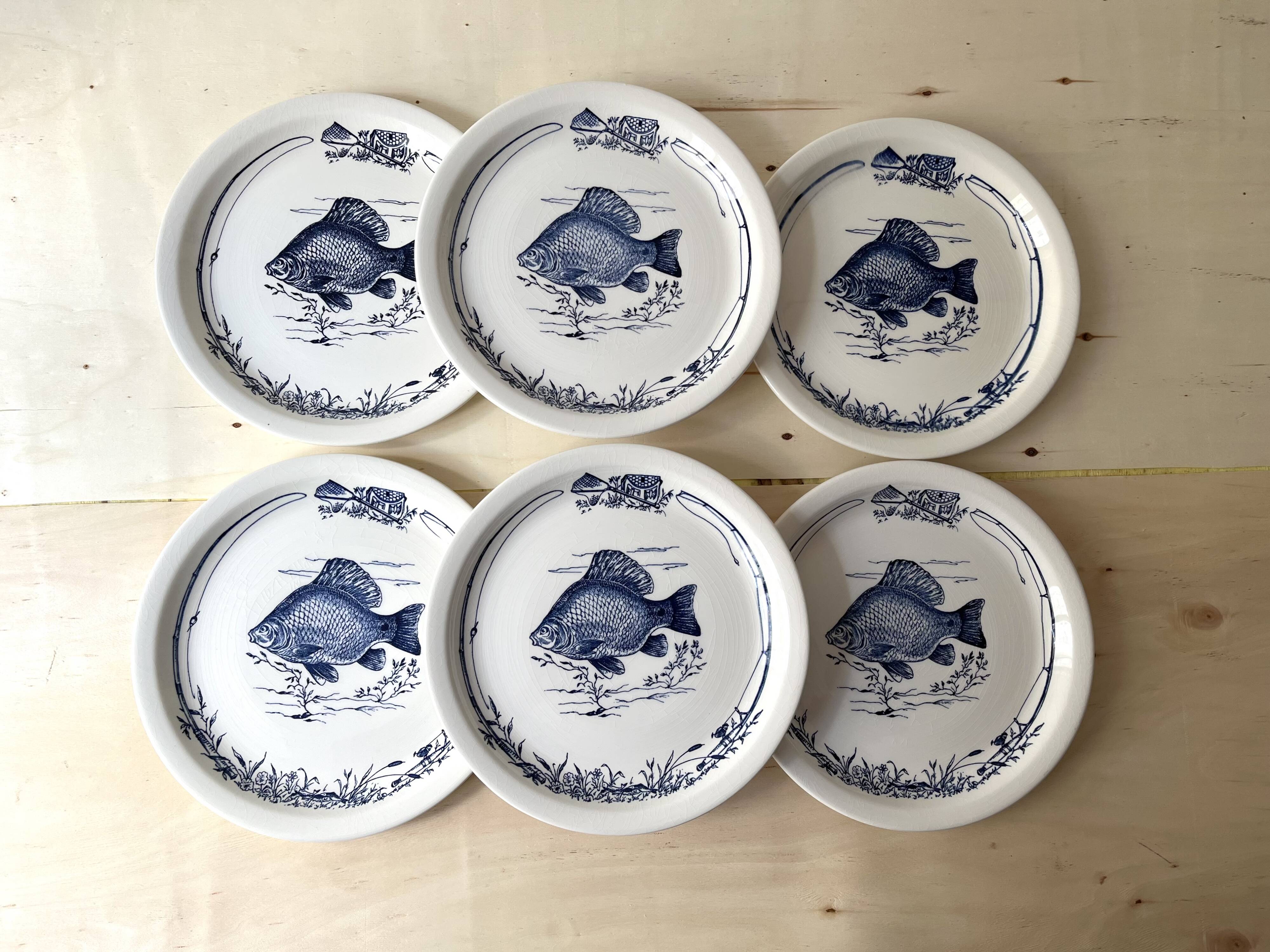 Set of 6 vintage GIEN France fish plates, flat plates with fishing decor