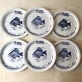 Set of 6 vintage GIEN France fish plates, flat plates with fishing decor