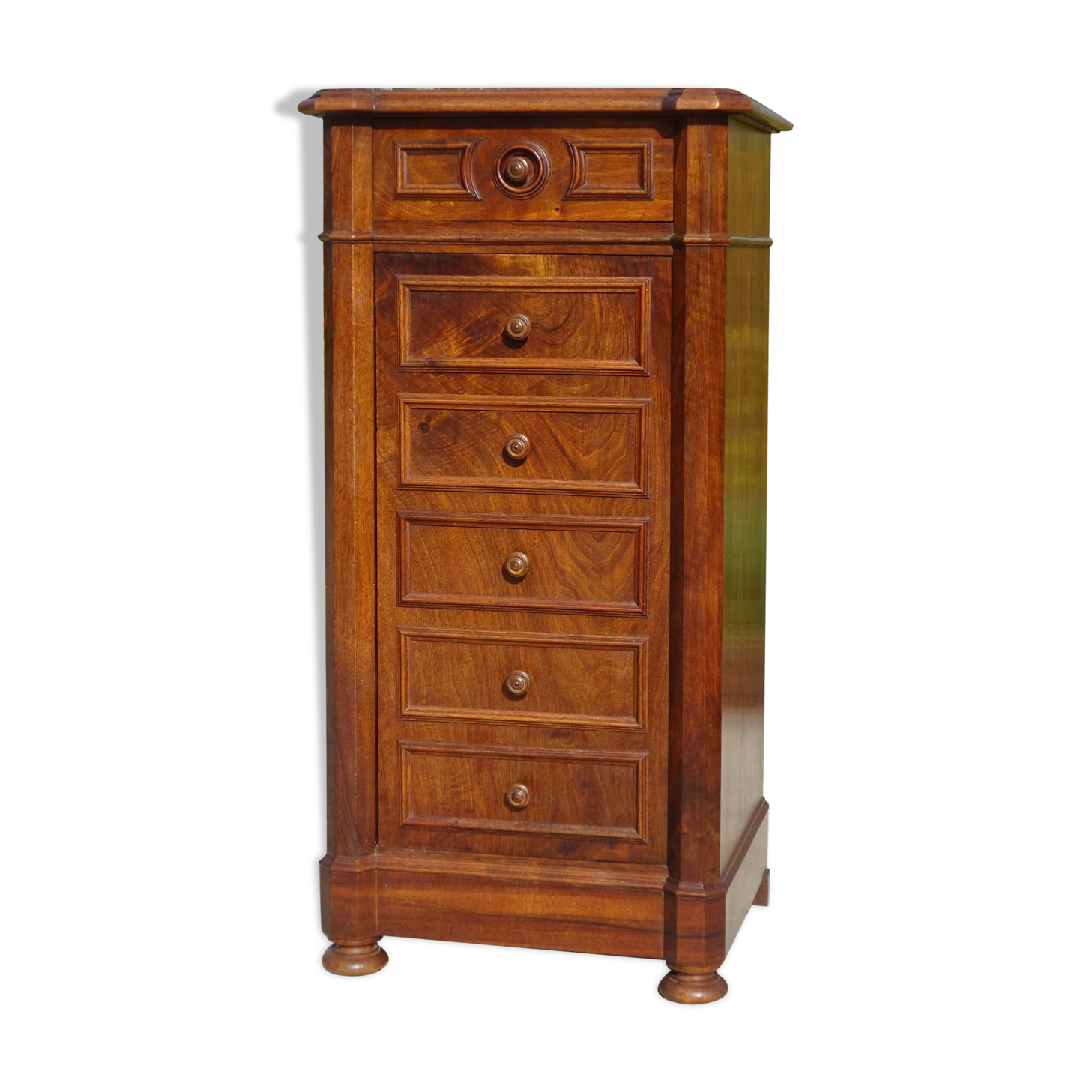 Nightstand with false drawers in walnut and marble, Louis Philippe