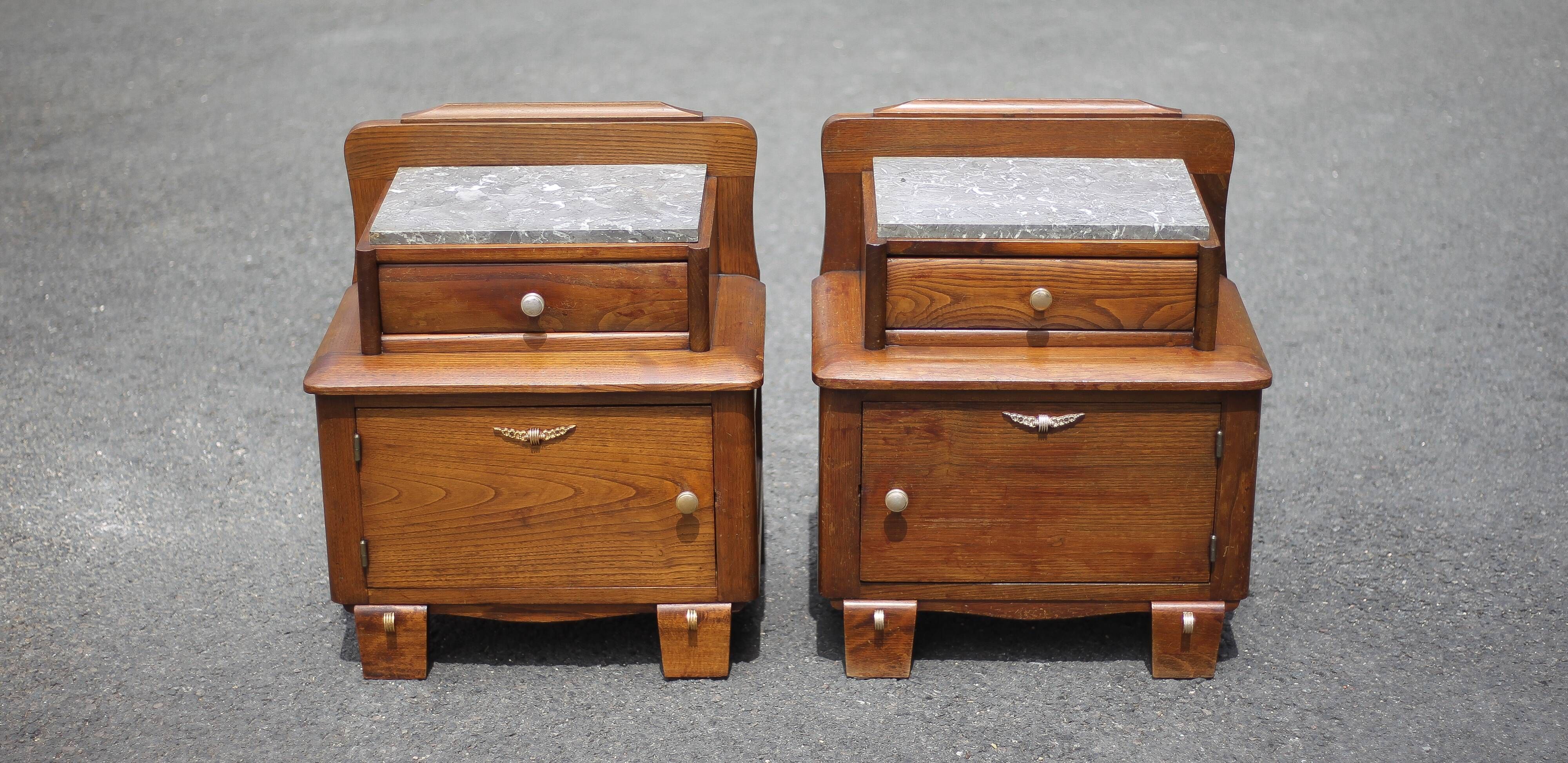 Pair of wooden nightstands, art deco style wooden bedside table, wood and marble table