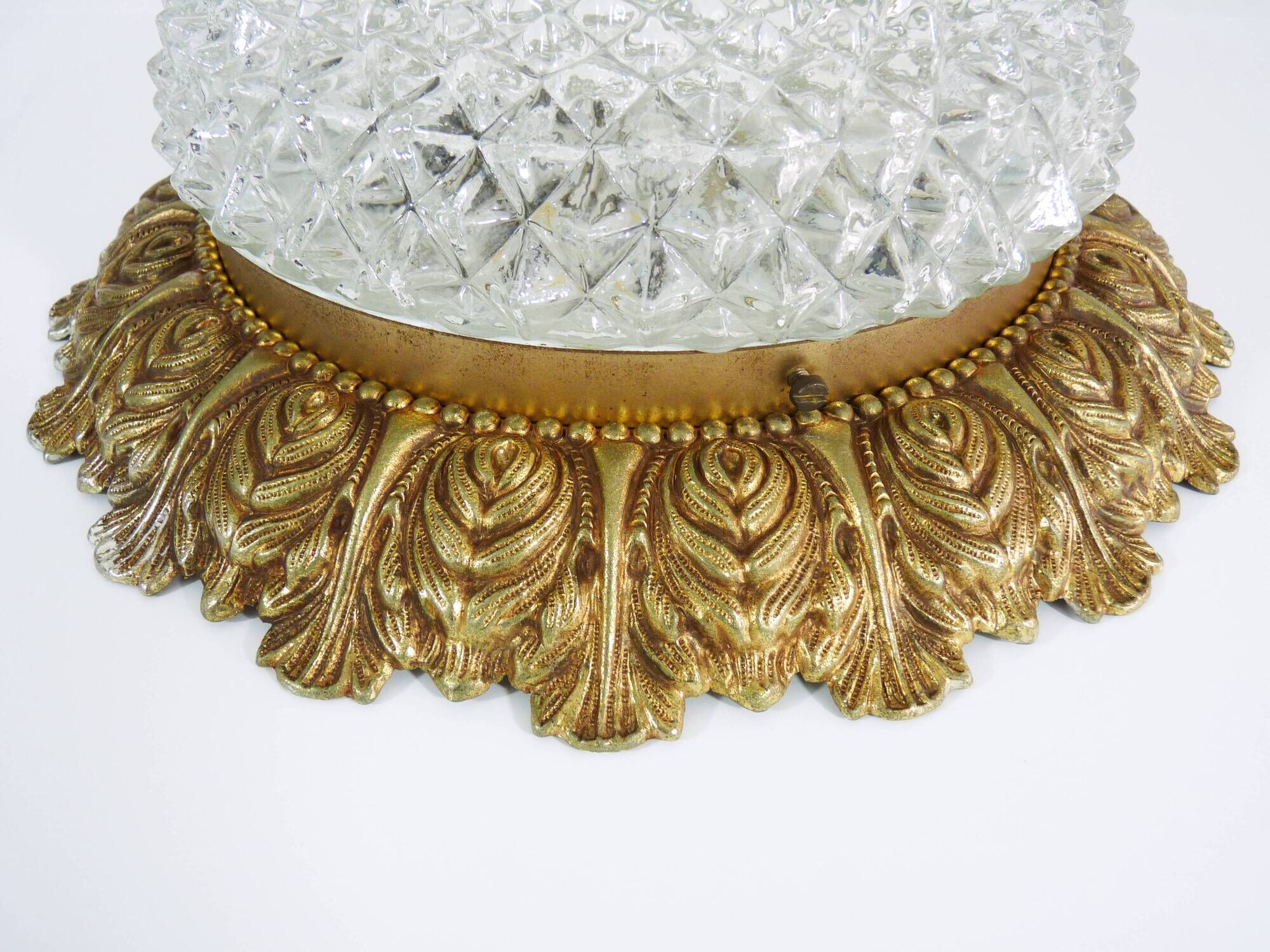 Brass and gold metal ceiling and diamond chiseled glass globe, double lights. Year 80