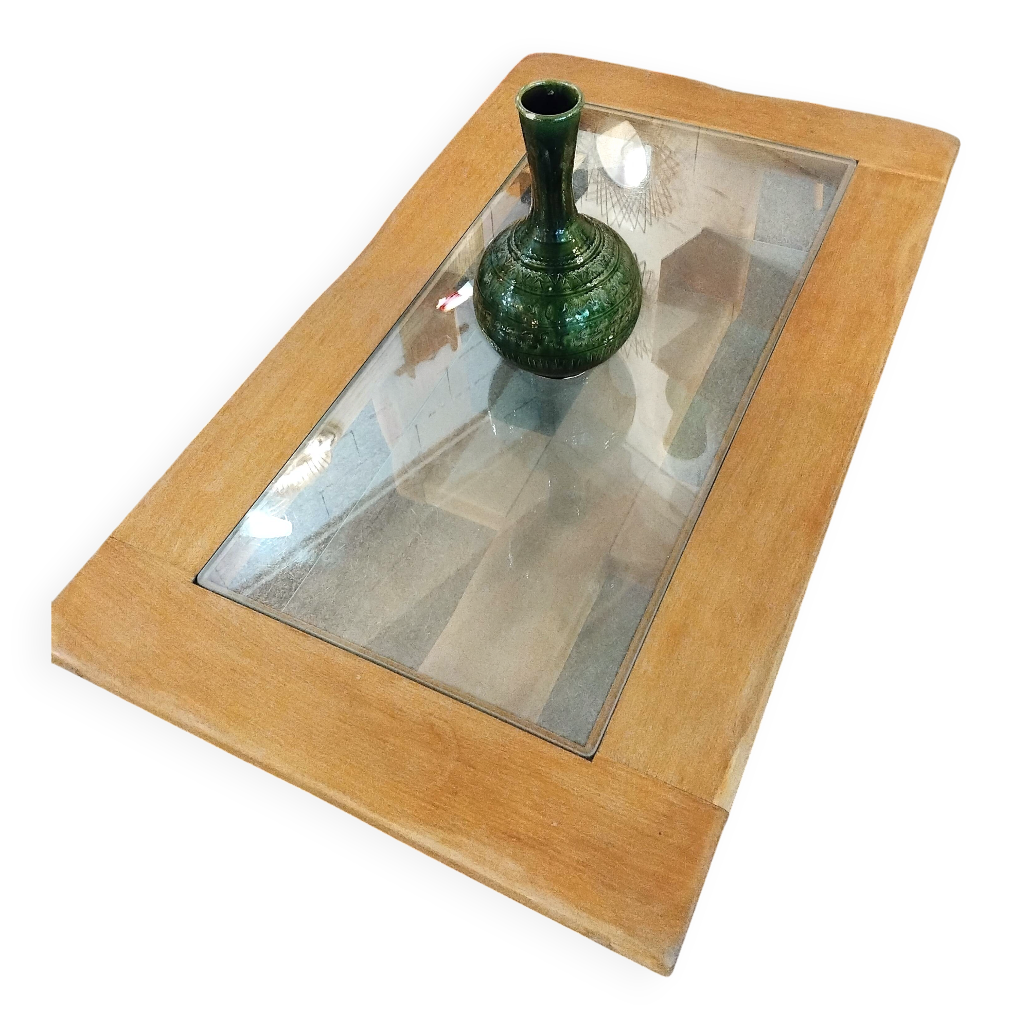 table basse vintage en chêne massif double plateteau verre