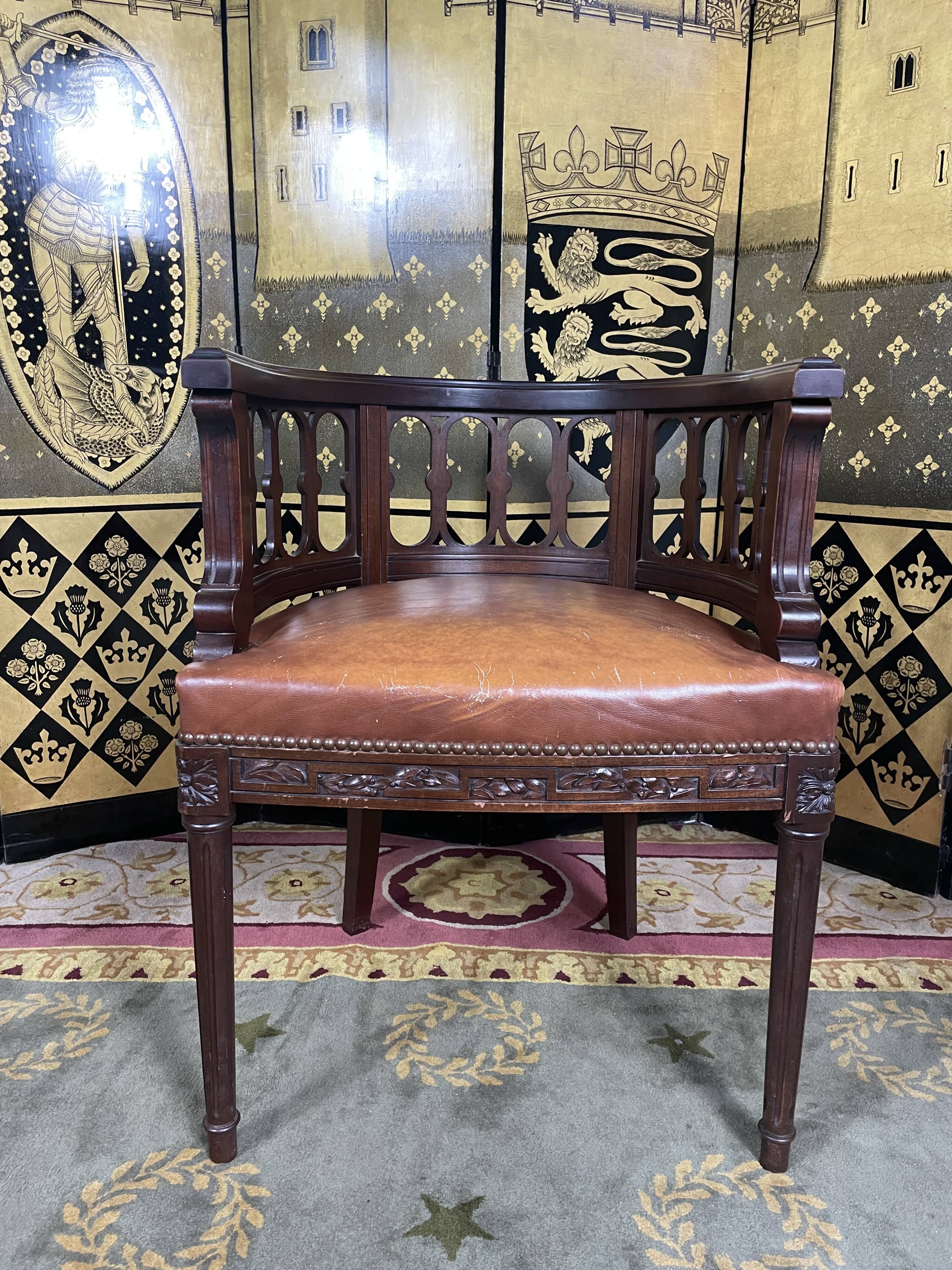 Louis XVI style office armchair in mahogany and leather