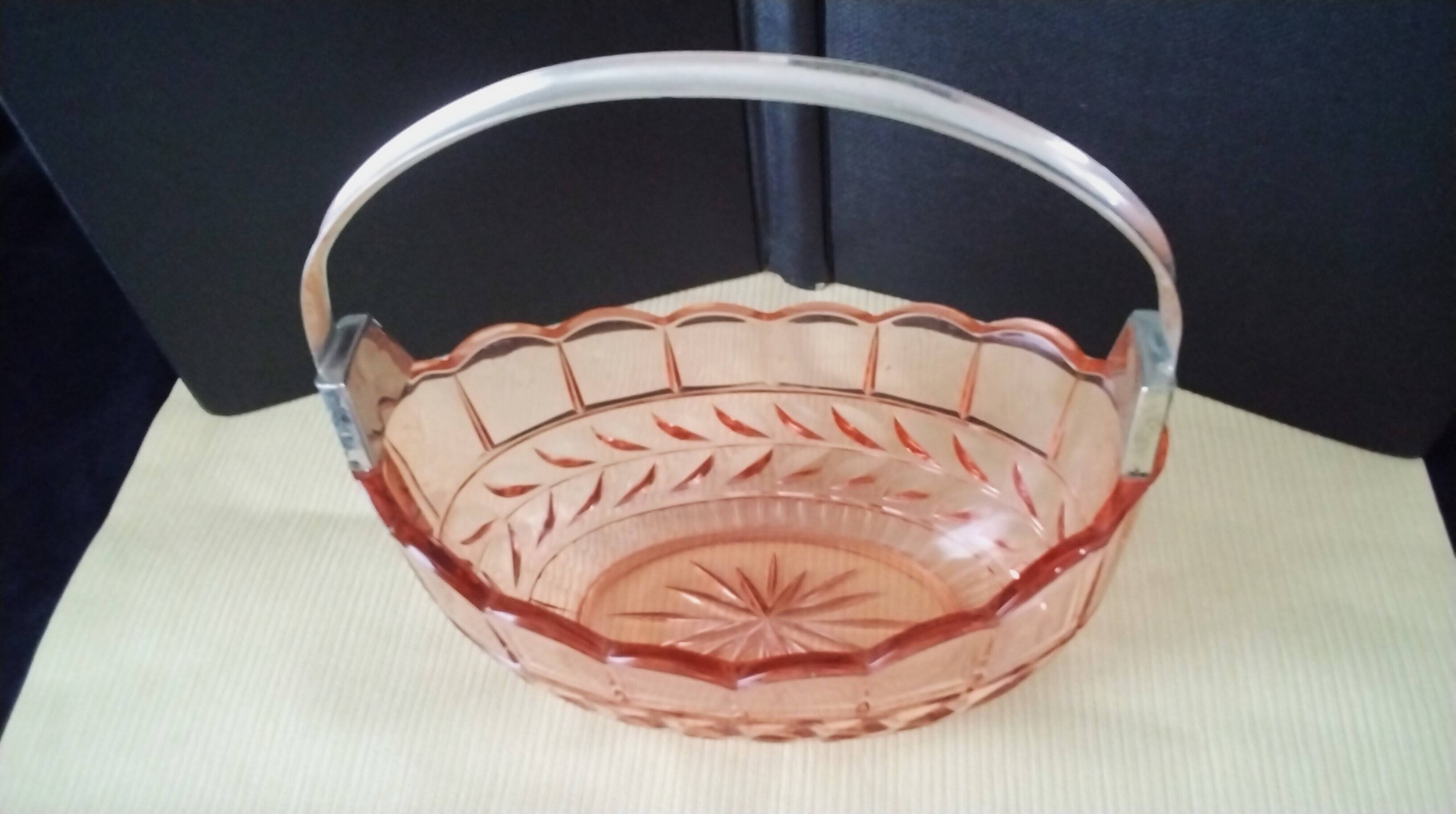 Pink molded pressed glass fruit basket centerpiece
