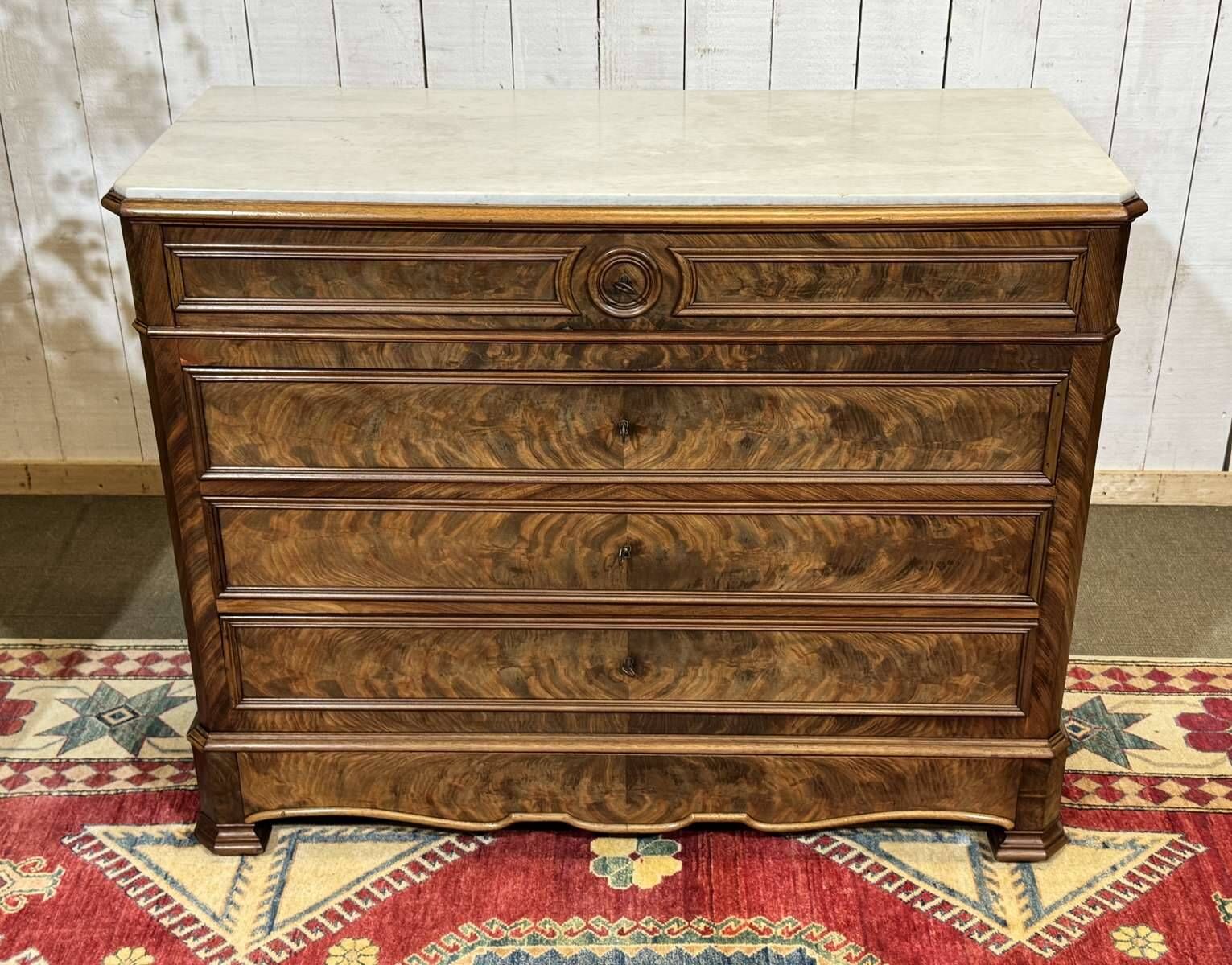 Napoleon III commode in mahogany, oak and with a fine white marble top, late 19th century.