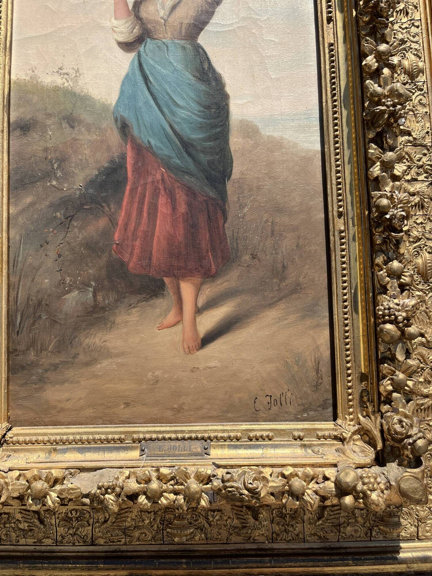 Ernesto Jolli – Oil on canvas 19th century – Young woman with a basket of flowers