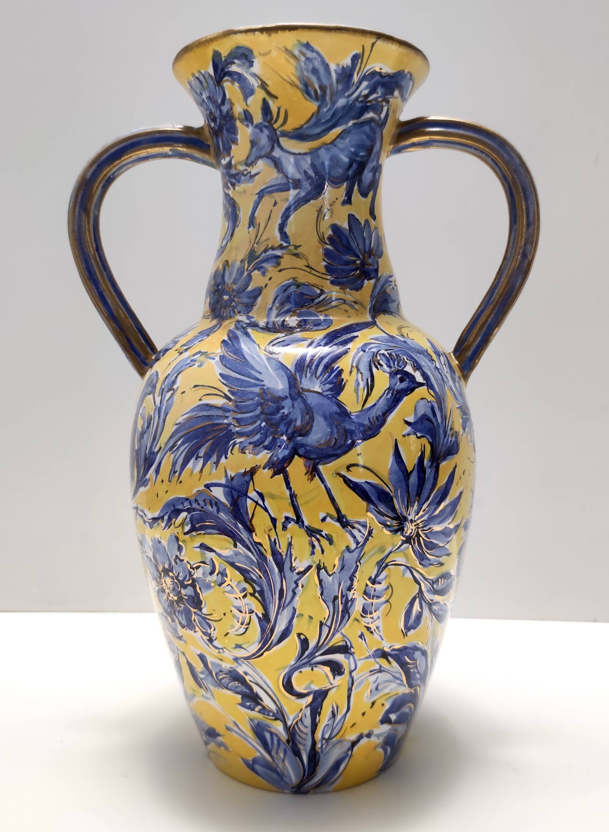 Handmade Yellow and Blue Glazed Ceramic Amphora Vase by Zulimo Aretini, Ita