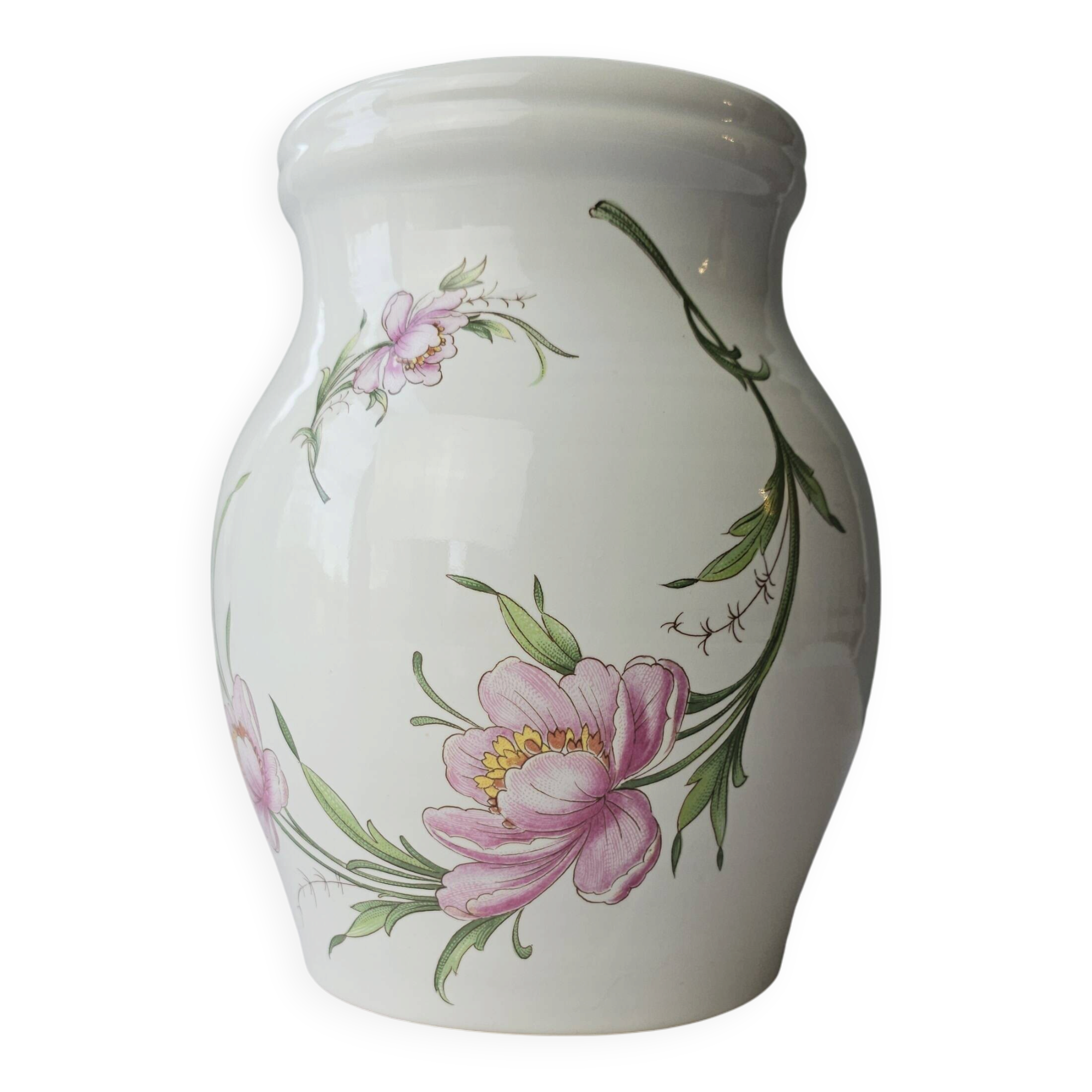 Vintage white porcelain vase by Revol with pink flowers.