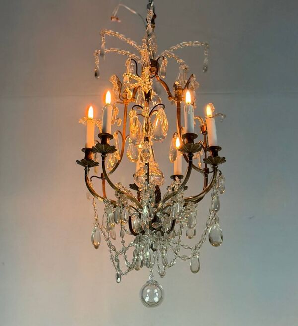 Lustre cage en bronze garni de pampilles de cristal, vers 1880