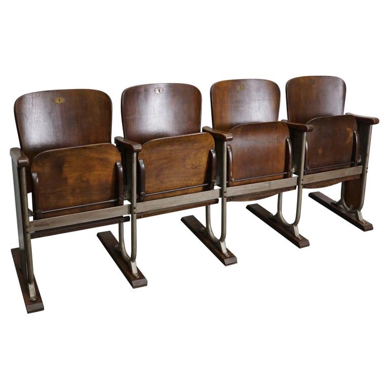 Vintage 4-seater cinema bench in metal and wood, Netherlands, 1930s