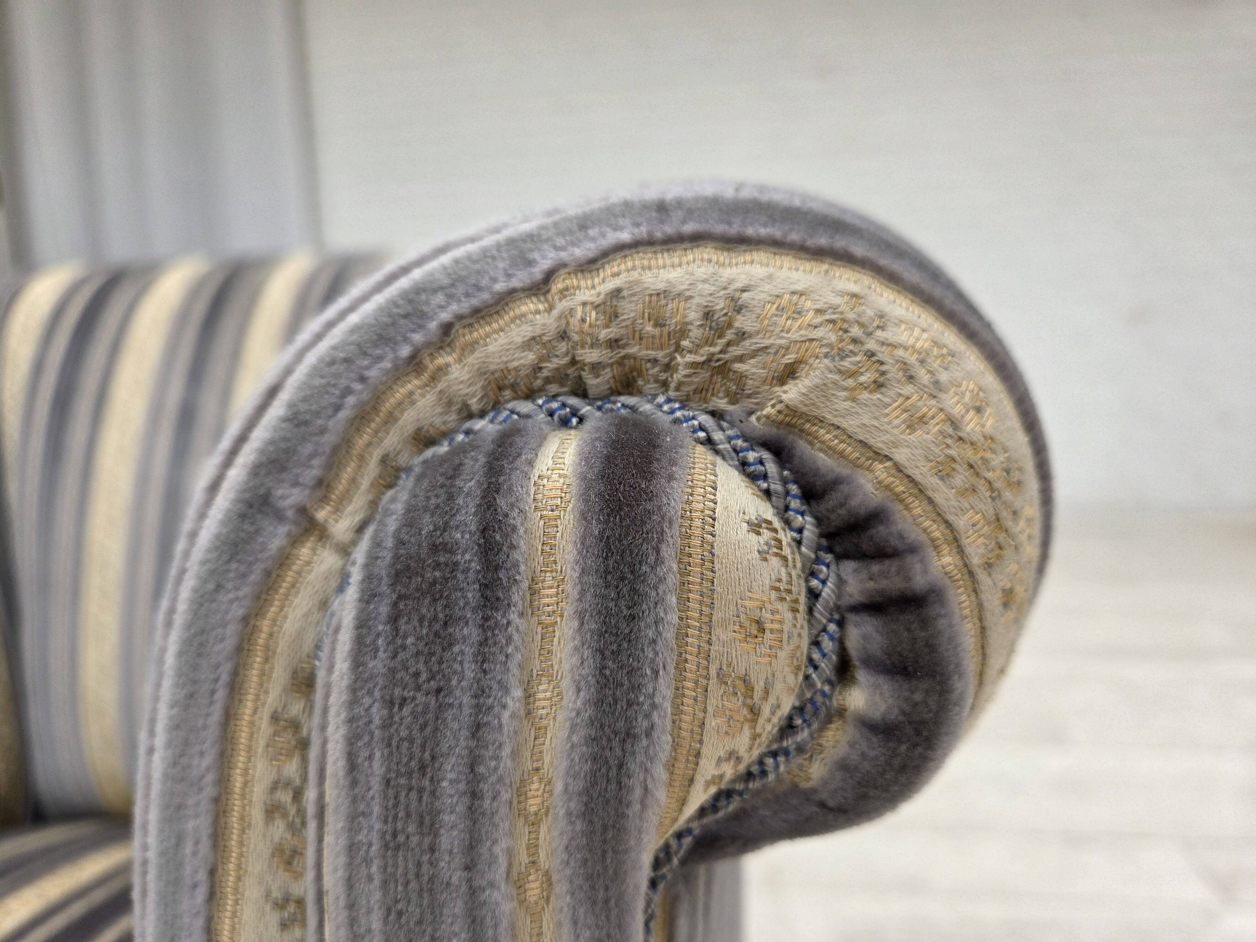 1960s, Danish lounge chair, blue/beige furniture velour, beech wood legs.