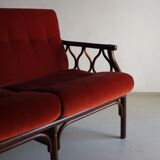 Red velour dark rattan 2-seater sofa | 1980s