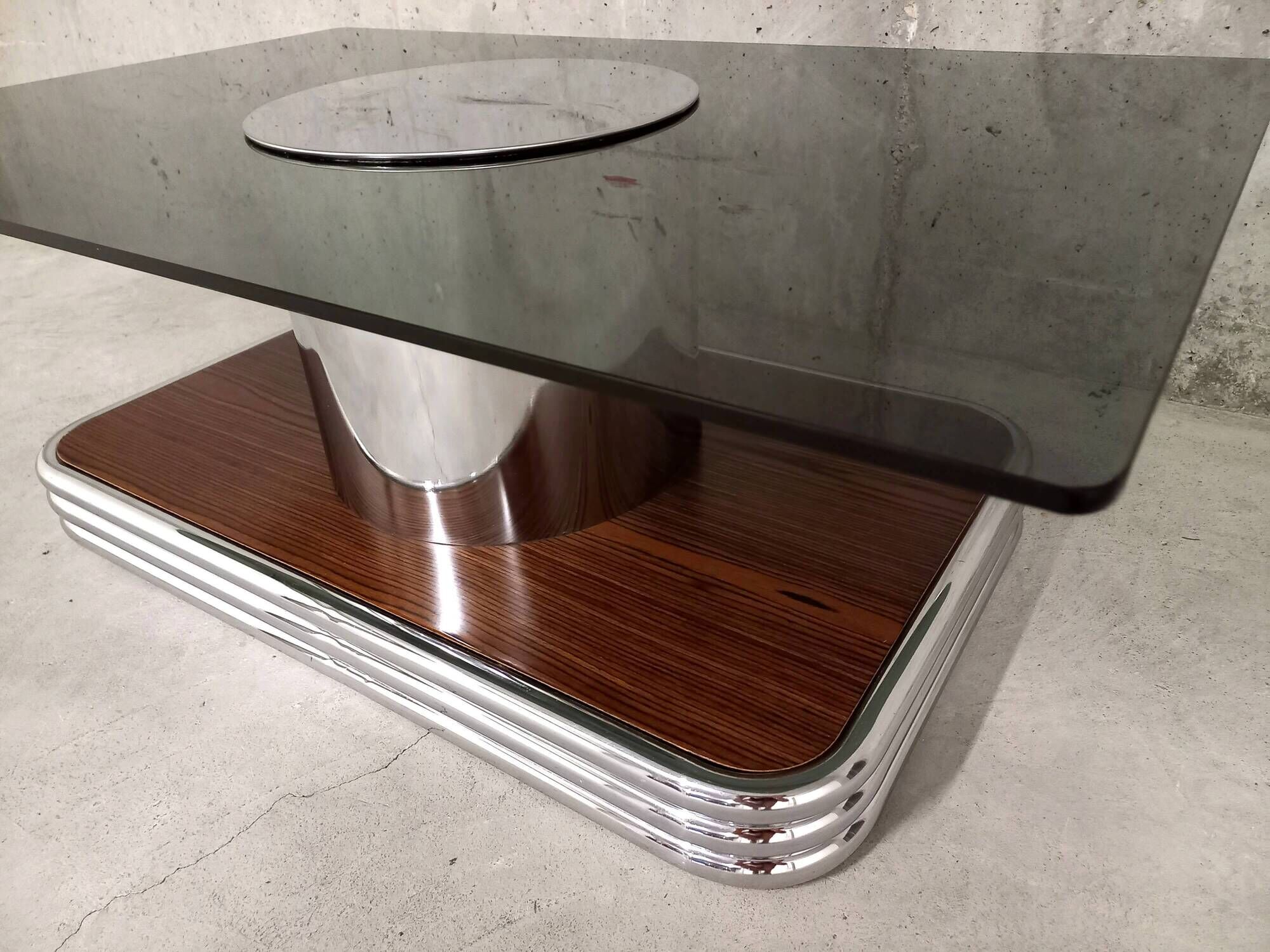 Vintage coffee table in smoked glass, chrome metal and wood décor 60s 70s