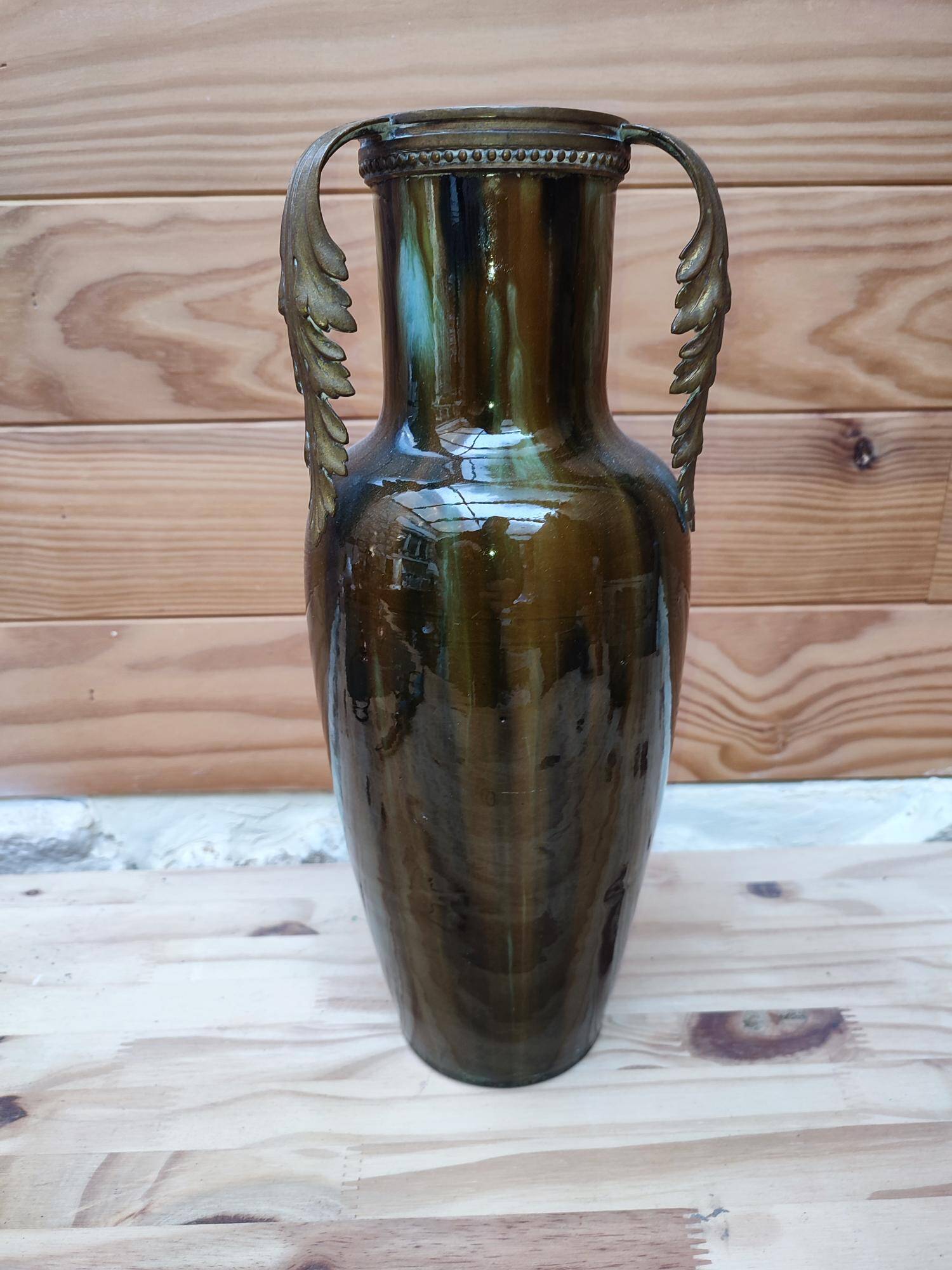 Ceramic vase with dripping in the style of jerome massier or belgian work with bronze handles