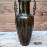 Ceramic vase with dripping in the style of jerome massier or belgian work with bronze handles