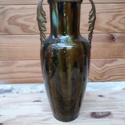 Ceramic vase with dripping in the style of jerome massier or belgian work with bronze handles