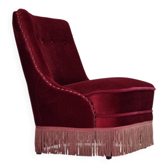 1960s, Danish armchair, original red furniture velour, beech wood legs.