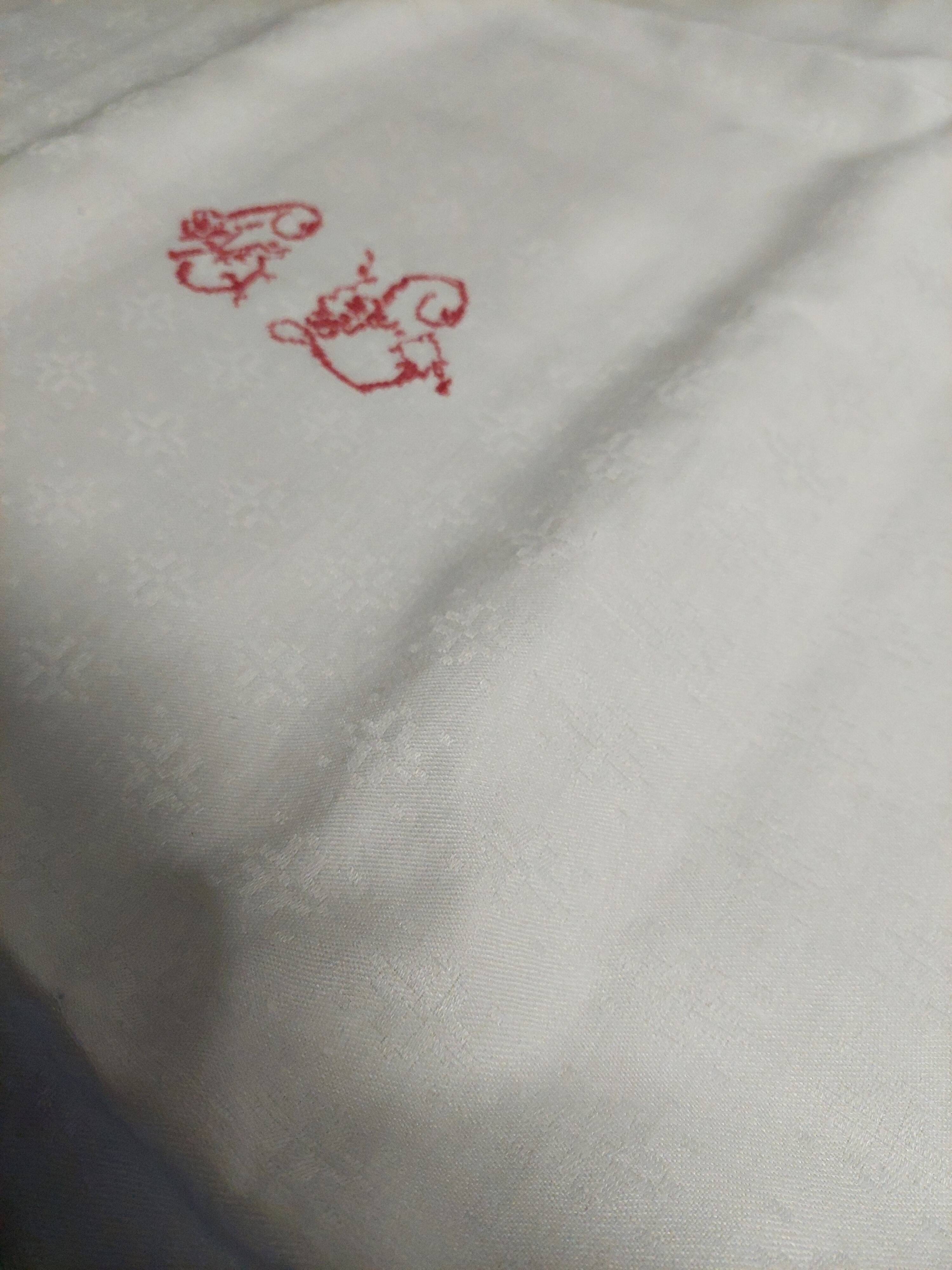Old linen damask linen tablecloth red monogram GL 160 X 175 cm
