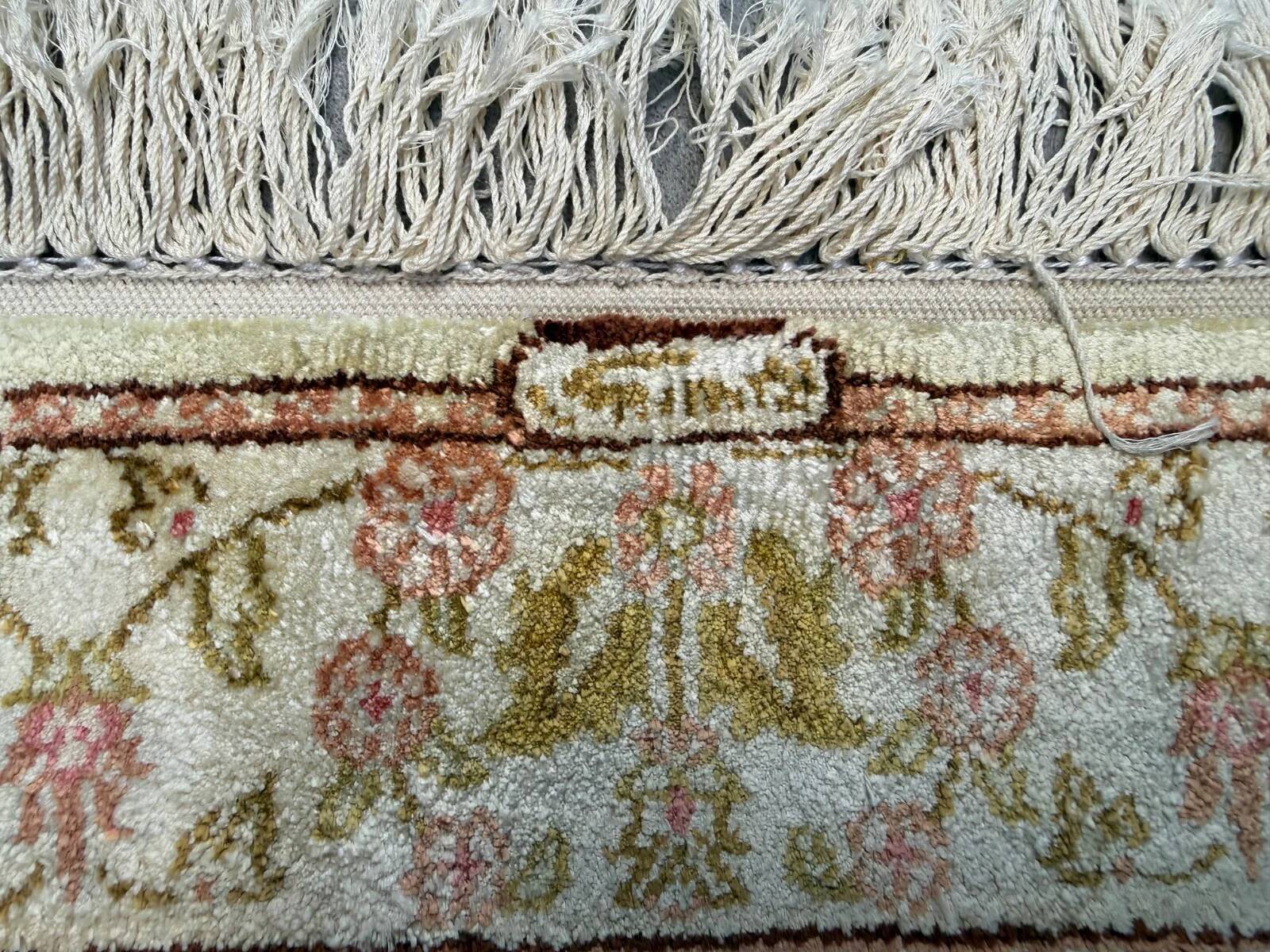 Vintage Turkish Hereke silk rug floral 53x67cm hand knotted gold pink 2538