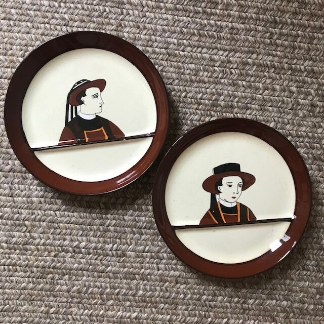 set of 2 asparagus plates HB Quimper Breton character