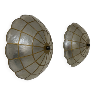 Pair of vintage wall sconces, mother-of-pearl and brass, France, 1980