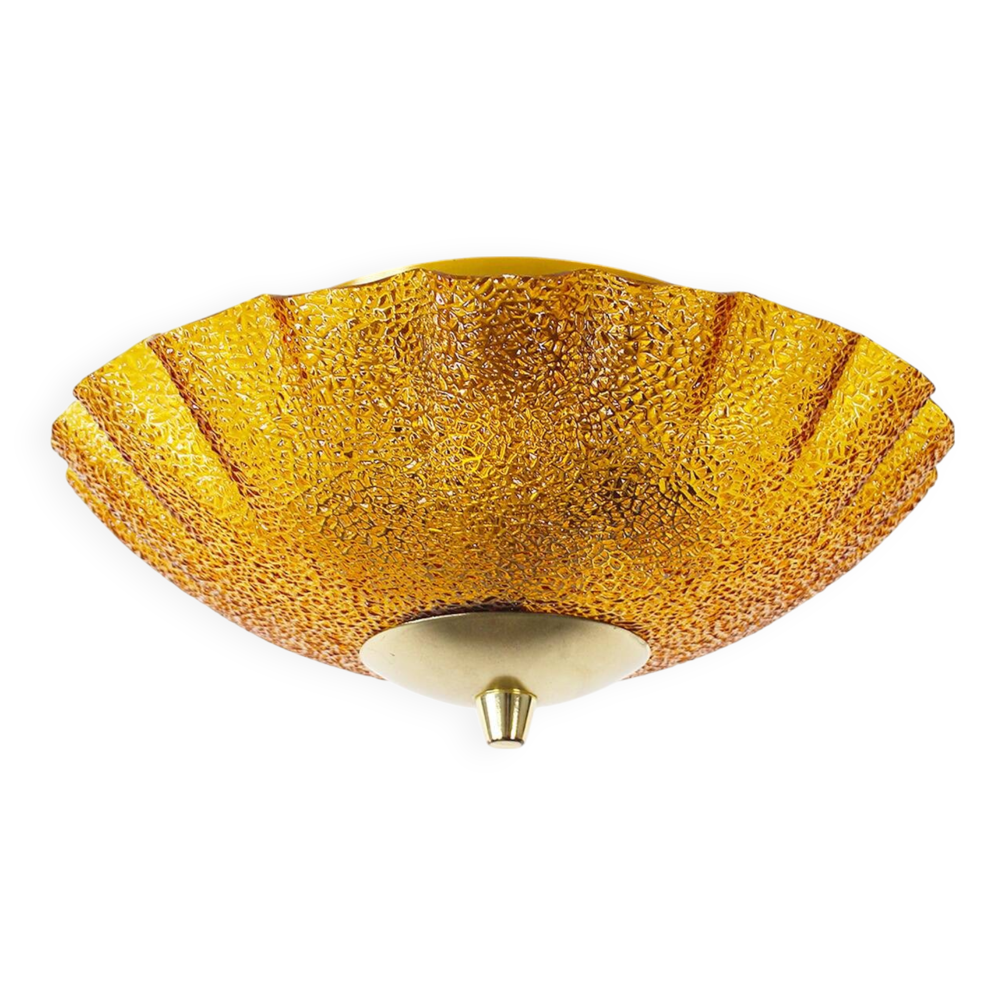 Vintage 1970's Brass and amber glass ceiling flush mount light, Germany