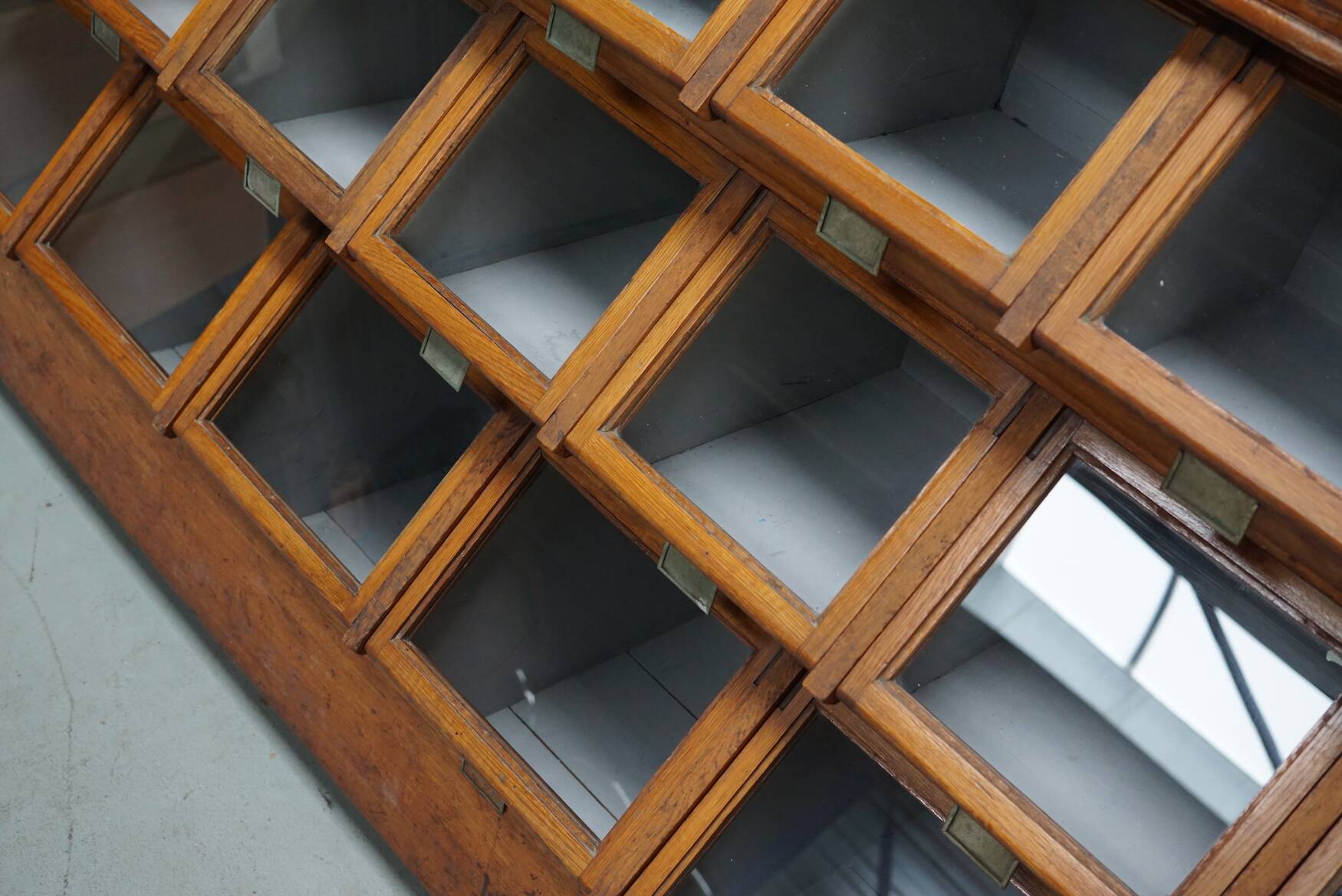 Very large Dutch oak showcase for grocery or haberdashery, 1920s-1930s