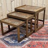 Set of 3 teak nesting tables from the 1970s, tiled top