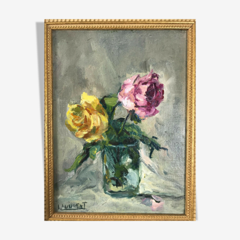 Tableau huile sur toile " Les roses"  signée Laurent