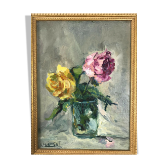 Tableau huile sur toile " Les roses"  signée Laurent