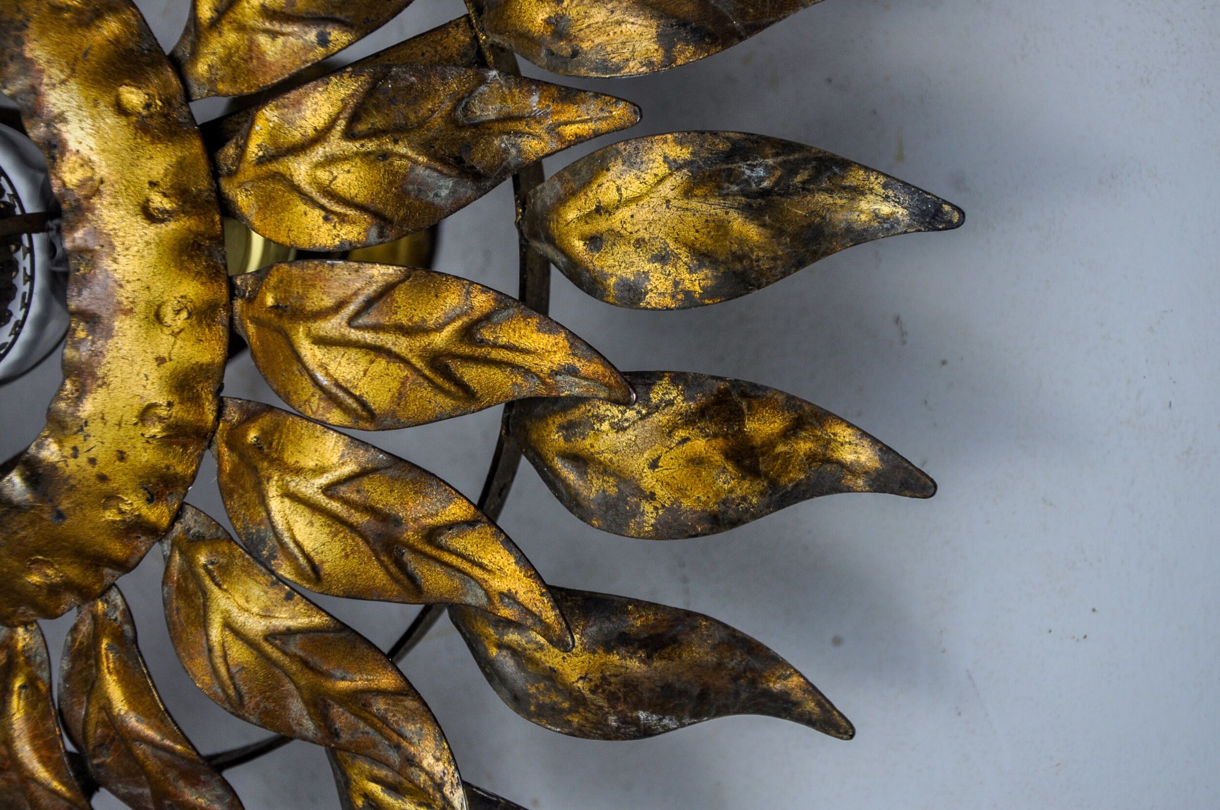 Sun wall lamp by ferro arte, metal and gold leaf, Spain, 1960