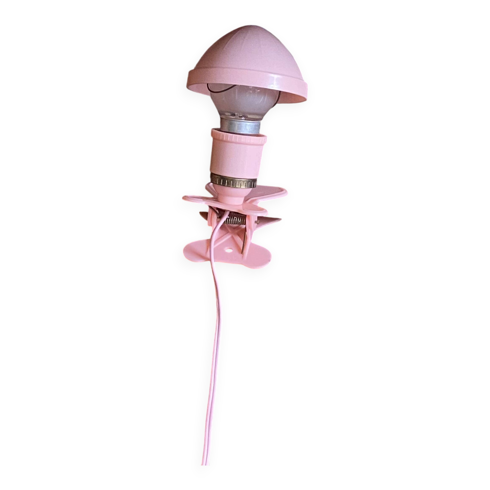 Small portable pink plastic mushroom clip-on lamp