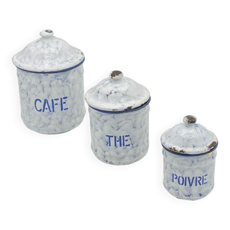 Series of enamelled metal spice jars, coffee, tea, pepper,